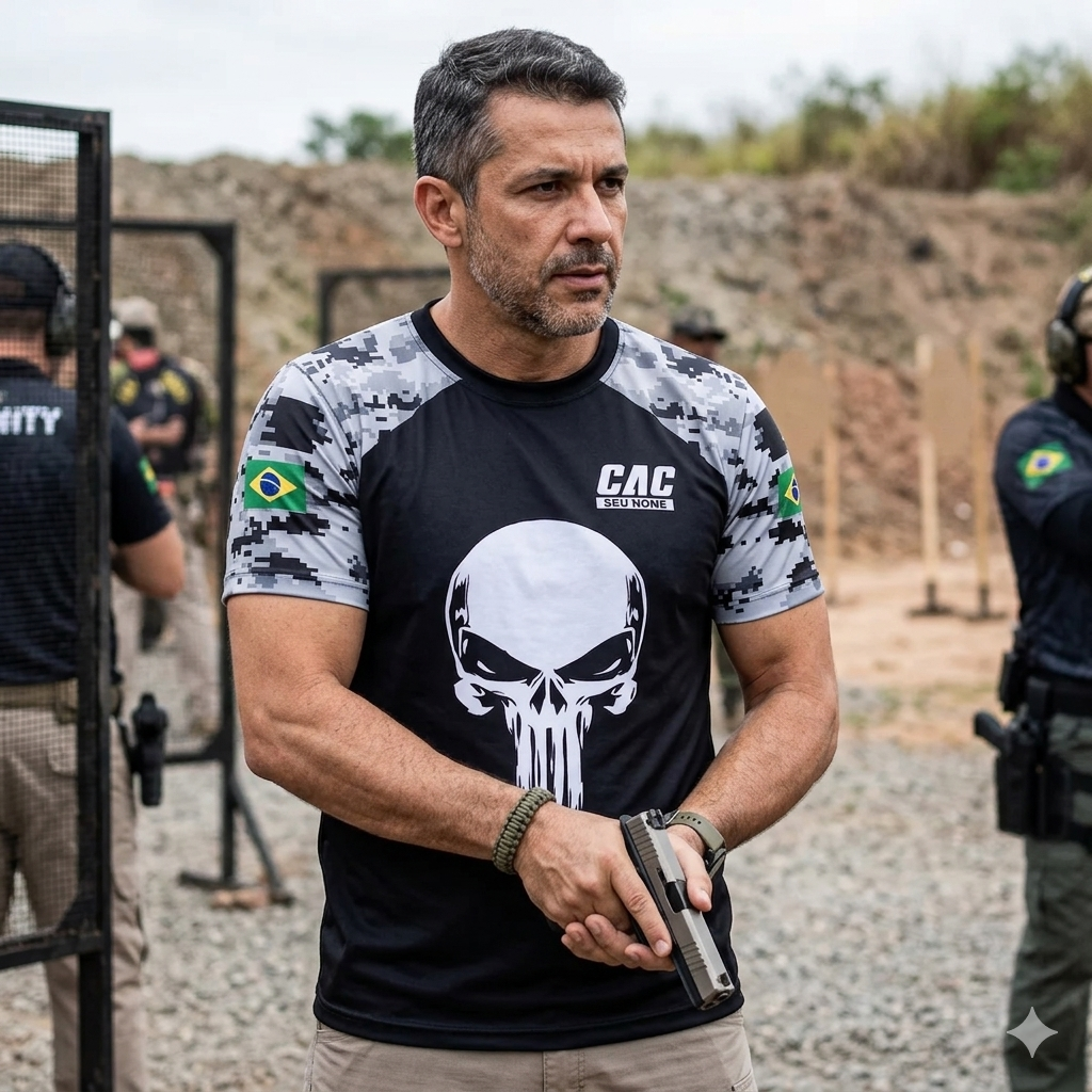 Camiseta Masculina Dry Fit com Proteção UV CAC Atirador Caveira - NOME GRÁTIS