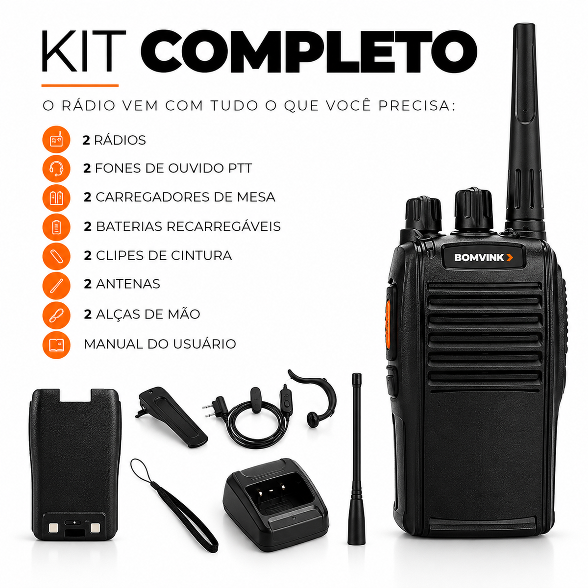 Kit 2 Rádios Comunicadores UHF BOMVINK - Alcance até 12 KM