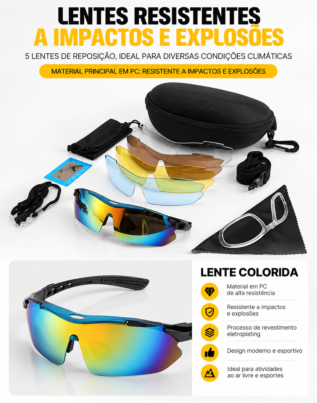 Óculos Táticos Profissionais Polarizados com Lentes Intercambiáveis - 5 Opções de Lentes Inclusas