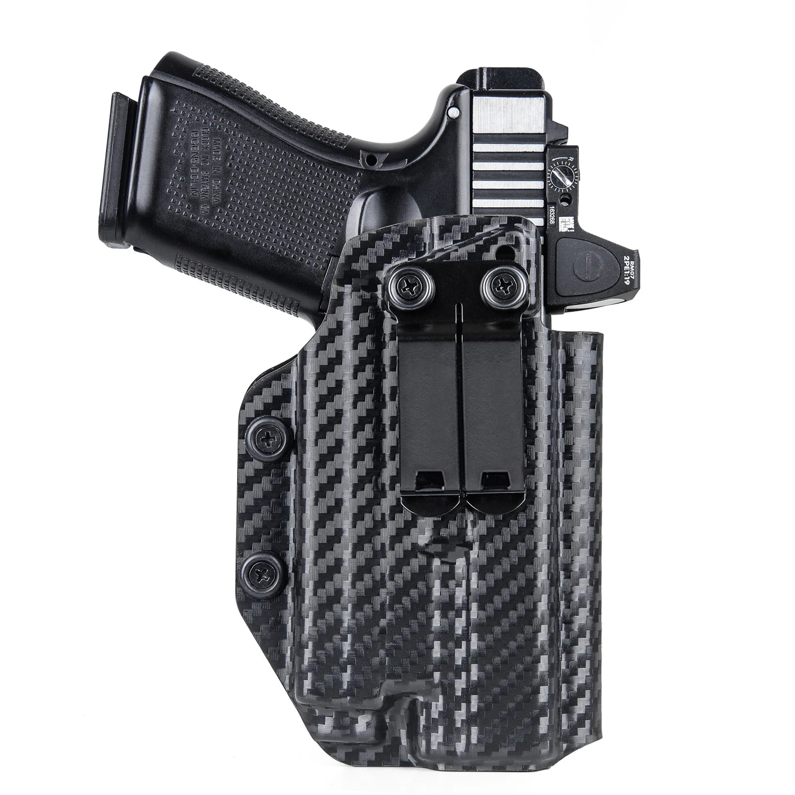 Coldre Velado de Kydex ou Fibra de Carbono p/ Glock - G19 / G19X / G44 / G45 / G22 /G23 / G31 /G32 com Lanterna e Red Dot