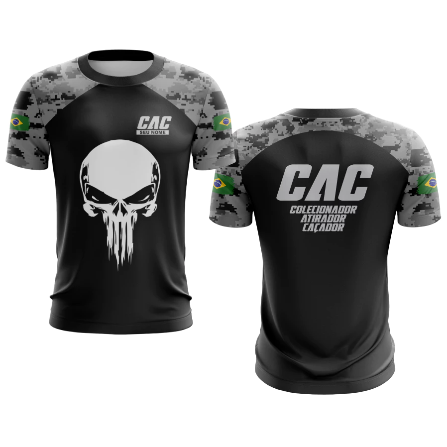 Camiseta Masculina Dry Fit com Proteção UV CAC Atirador Caveira - NOME GRÁTIS