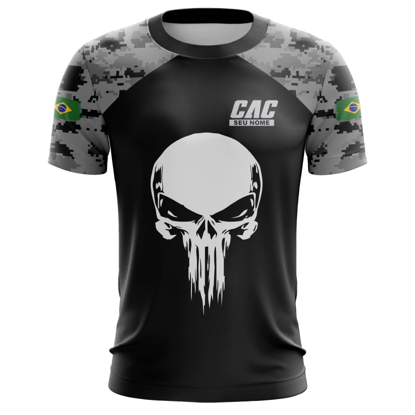 Camiseta Masculina Dry Fit com Proteção UV CAC Atirador Caveira - NOME GRÁTIS
