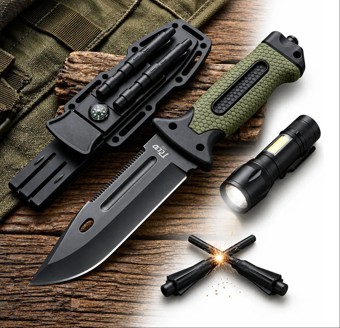 Kit Sobrevivência: Faca Militar  + Lanterna Tática com Zoom Regulável
