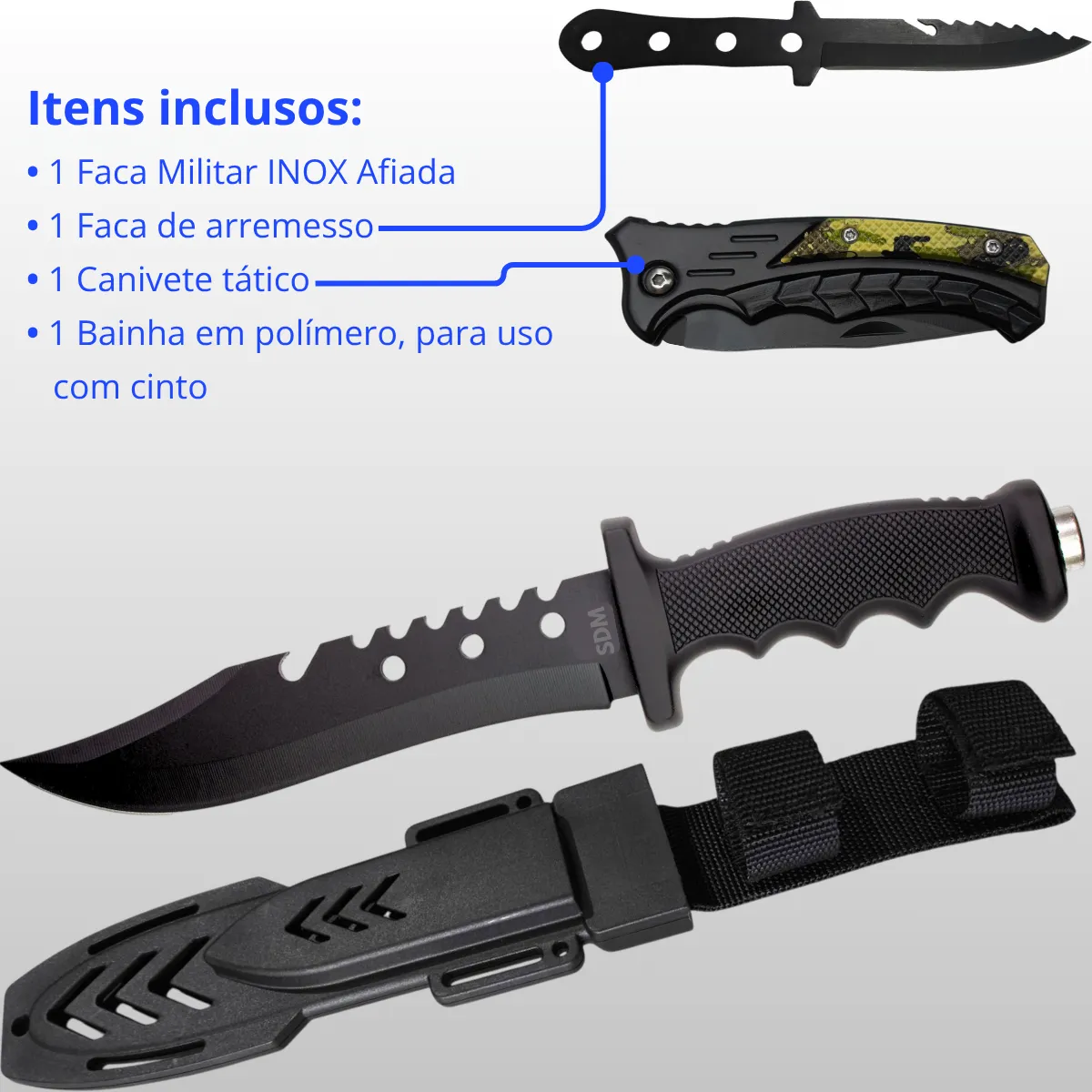 Kit Operacional Faca de Combat + Faca de Arremesso + Canivete
